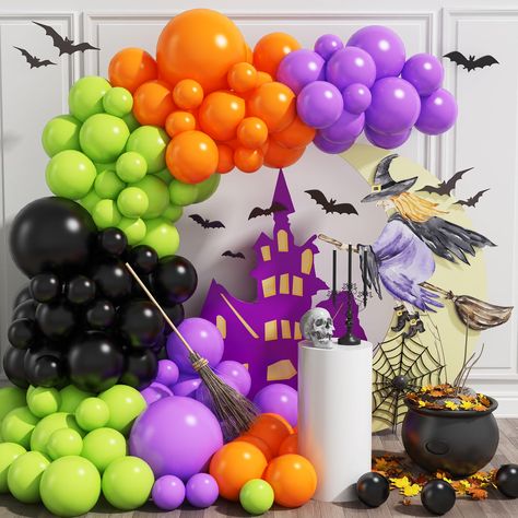 PRICES MAY VARY. 🎃 Halloween Party Decoration Balloon - 114 Pack Halloween balloon arch garland kit: Black Balloons (1pc*18in, 5pcs*12in, 15pcs*10in, 12pcs*5in), Orange Balloons (1pc*18in, 5pcs*12in, 15pcs*10in, 12pcs*5in), Purple Balloons (1pc*18in, 5pcs*12in, 15pcs*10in, 12pcs*5in), Lime Green Balloons(1pc*18in, 5pcs*12in, 15pcs*10in, 12pcs*5in), 16ft stripe tape and 100pc sticky dots. It's the perfect addition to any Halloween party or event, creating an atmosphere of fun that everyone will Halloween Decorations Balloons, Globos Halloween, Happy Halloween Birthday, Halloween Balloon Arch, Halloween Balloon, Garland Halloween, Orange Green Purple, Balloon Arch Kit, Celebration Balloons