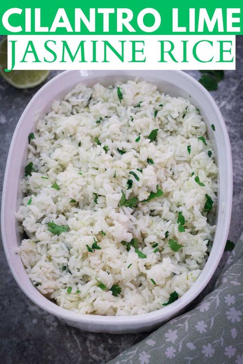 A picture showing a porcelain container with cilantro lime jasmine rice in it. Picture has a title bar on top. Crockpot Jasmine Rice, Recipes With Jasmine Rice, Cilantro Lime Jasmine Rice, Mexican Rice Dishes, Rice Recipes Side, Cilantro Lime Rice Recipe, Jasmine Rice Recipes, Lime Rice Recipes, Cilantro Recipes