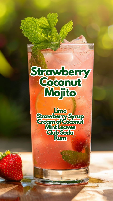 Strawberry Coconut Mojito Malibu Strawberry Coconut Mojito, Strawberry Coconut Mojito, Mojito Flavors, Boba Cart, Bridal Breakfast, Coconut Cocktails, Summer Rum Cocktails, Soda Cocktails, Mojito Recipes