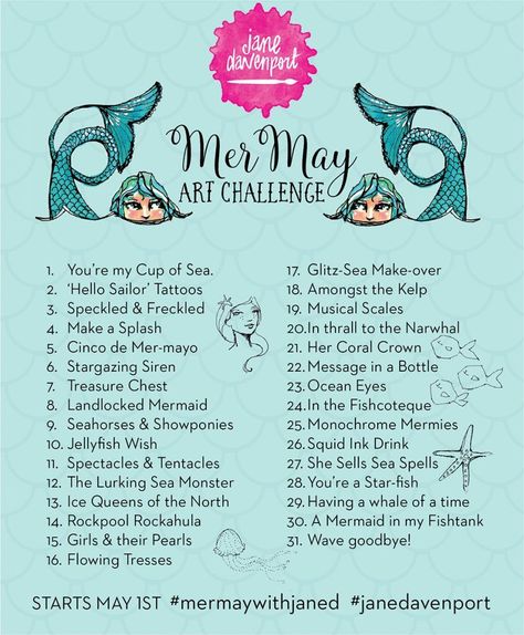 Mermay Art, Drawing List, Inktober Prompts, Watercolor Challenge, 30 Day Art Challenge, Art Journal Challenge, Jane Davenport, Drawing Challenges, 30 Day Drawing Challenge