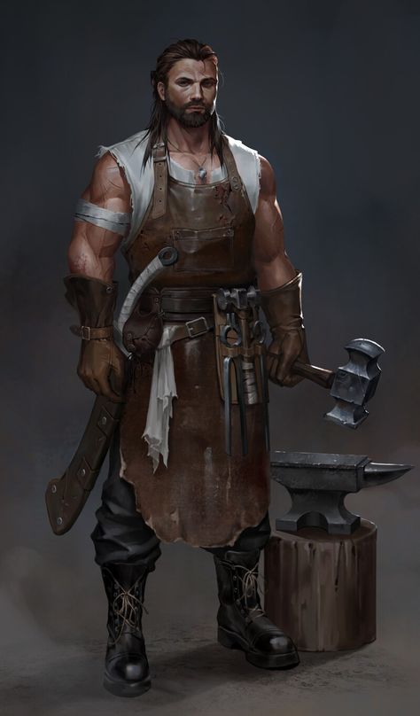 Blacksmith Art Character, Blacksmith Rpg, Blacksmith Larp, Fantasy Blacksmith Shop, Medieval Peasant Art, Blacksmith Concept Art, Anime Blacksmith, Blacksmith Drawing, Blacksmith Character Design