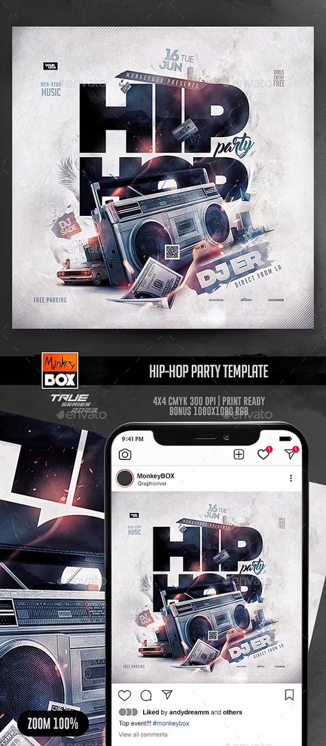 Hip-Hop Party Template by MonkeyBOX | GraphicRiver Hip Hop Flyer Design, Hip Hop Event Poster, Hip Hop Poster Design, Hip Hop Flyer, Prom Tickets, Hiphop Design, Brain Storm, Photobook Design, Hiphop Party