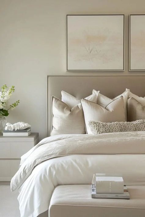 25 Modern Beige Bedroom Ideas for a Warm and Sophisticated Look Beige Modern Bedroom Ideas, Neutral King Bed, Beige Comforter Bedroom, Beige Beds, White And Taupe Bedroom, Trending Bed Designs, Taupe And White Bedroom, Neutral Beige Bedroom, White Beige Bedroom