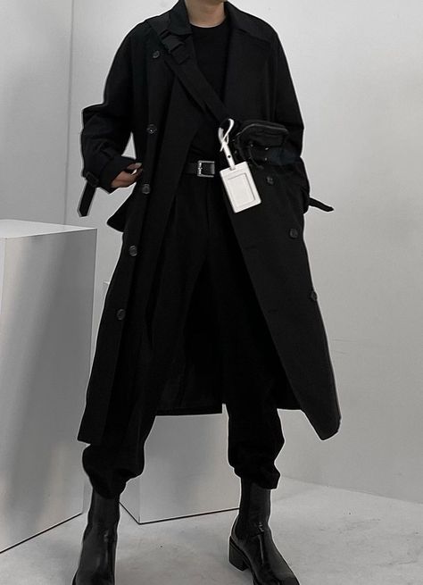 Dystopian Fashion Male, Black Cloak Men, Revenge Clothing, Long Coat Outfit, Class Outfits, Dystopian Fashion, Black Outfit Men, Long Black Coat, Black Winter Coat