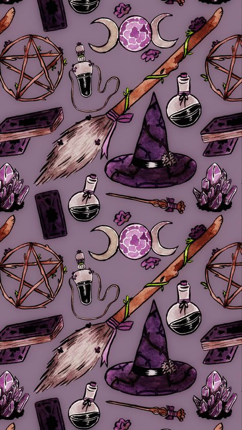 Wicca Wallpaper Iphone, Witchcraft Wallpaper Aesthetic, Witches Backgrounds Wallpapers, Witchy Phone Wallpapers, Witchy Lockscreen, Cute Witchy Wallpaper, Kawaii Witch Wallpaper, Purple Witch Aesthetic Wallpaper Iphone, Witch Pattern Wallpaper