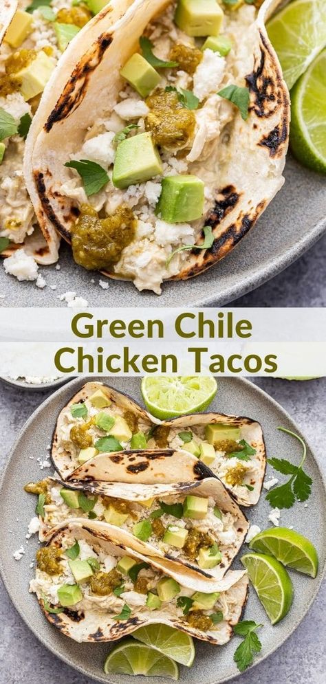 If you love shredded chicken tacos then you have to try these slow cooker creamy green chile chicken tacos! You only need a handful of ingredients to make them and they’re perfect for an easy weeknight dinner or entertaining. #tacos #chickentacos #greenchile #slowcooker #crockpot #chickenrecipes #mexicanfood Authentic Chicken Tacos, Best Chicken Taco Recipe, Runner Recipes, Chicken Breast Tacos, Tasty Tacos Recipe, Chicken Tacos Recipe Easy, Recipe Runner, Tacos Chicken, Chicken Verde