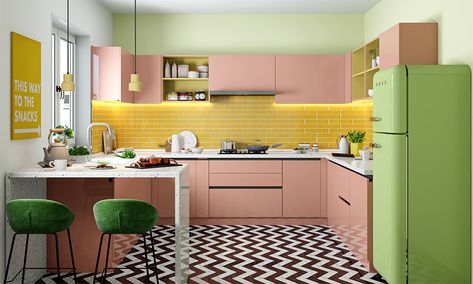 Bright Colourful Kitchen Ideas, Yellow Pink Kitchen, Bright Kitchen Colors Schemes, Pink And Yellow Kitchen, Yellow Kitchen Cupboards, Yellow Backsplash, Bright Kitchen Colors, Kitchen Upcycle, Kitchen Cabinet Lighting