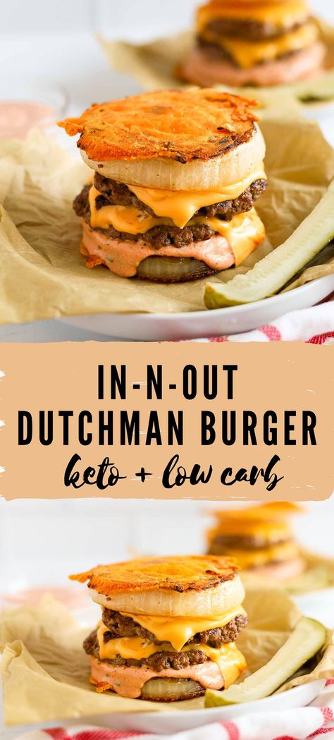 This onion burger is a copycat of the In-N-Out secret menu item the Flying Dutchburger. With fried cheese, onions instead of buns, and thousand island sauce, this burger is irresisibly the best burger! No Bun Burger Recipes, Bunless Burger Ideas, Thousand Island Sauce, Random Dinner, Onion Buns, Onion Burger Recipe, Keto Sandwiches, Healthy Burger Recipes, In And Out Burger