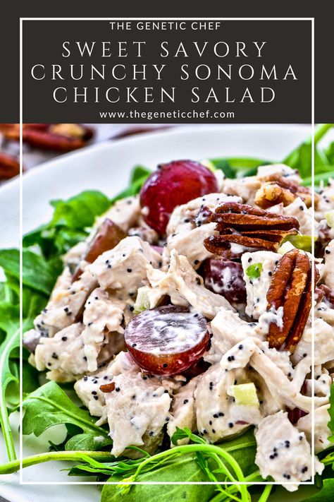 Sonoma Chicken Salad made with chicken, grapes, pecans, onion, and celery, all tossed with a creamy poppy seed dressing. This isn’t your typical chicken salad. This one is sweet, savory, and crunchy all in one bite.
#chickensalad #chicken #salad #lunch | @thegeneticchef Chicken Salad Poppy Seed Dressing, Chicken Salad With Cherries, Grape And Walnut Chicken Salad, Cranberry Pecan Chicken Salad With Poppy Seed Dressing, Sonoma Chicken Salad Recipe, Serving Chicken Salad At A Party, Grape Pecan Chicken Salad, Wine Country Chicken Salad, Chicken Salad With Poppy Seed Dressing