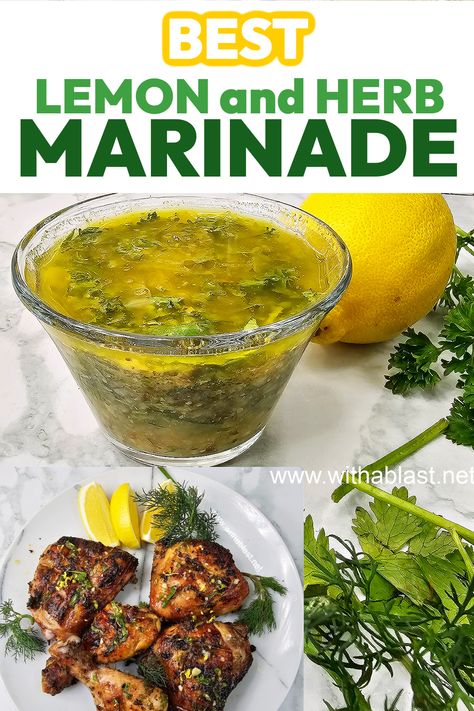 Our Lemon and Herb Marinade contains the perfect blend of zesty lemon and fresh herbs for chicken. Perfect for grilling or oven bake !  Fresh, flavorful mix for juicy, succulent Chicken every time. Chicken Herb Marinade, Lemon Pepper Marinade Recipe, Lemon Herb Chicken Marinade, Whole Chicken Marinade, Baked Chicken Marinade, Herb Chicken Recipes, Herbs For Chickens, Herb Marinade, Chicken Breast Marinade