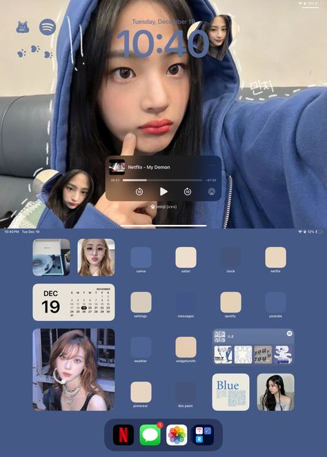 blue minji ipad ios 17 newjeans Newjeans Ipad Layout, Home Screen Ideas For Ipad, Ipad Wallpaper Newjeans, Blue Ipad Theme, New Jeans Wallpaper Ipad, Ipad Homescreen Ideas Kpop, Blue Ipad Layout, Ios 17 Layout, Newjeans Phone Theme