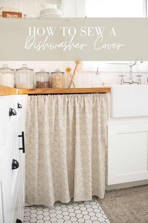 sage green calico fabric curtain covering dishwasher Dishwasher Curtain Cover, Curtain To Cover Dishwasher, Dishwasher Curtain Diy, Sewing Project Ideas Creative, Dishwasher Cover Curtain, Extra Fabric Ideas, Sewing Dish Towels, Sew Kitchen Projects, Curtain Over Dishwasher