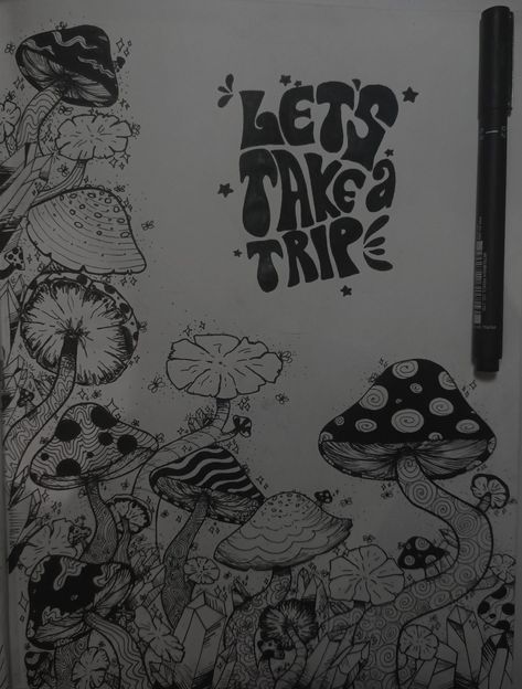 Grunge Mushroom Drawing, Mushroom Lettering, Mushroom Drawing Aesthetic, Mushroom Tripping Art, Mushroom Drawing Hippie, Mushroom Doodle, Mushroom Sketch, Mushroom Trip, Line Tattoo Ideas