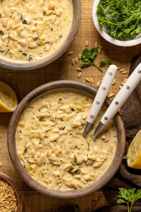 Creamy White Bean Lemon Orzo Soup, a comforting blend of tender beans, bright lemon zest + hearty orzo pasta. Orzo Pasta Soup, Orzo Soup Vegetarian, Dinner Soups, Butternut Squash Soup Creamy, Lemon Orzo Soup, Soup Sunday, Healthy Hearty Meals, 2024 Meals, Orzo Soup Recipes