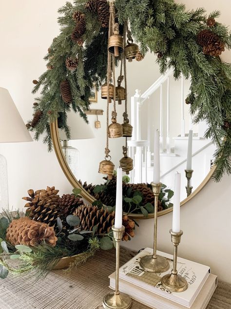 Neutral and Gold Christmas Entryway | Bless This Nest Christmas Mirror, Christmas Entry, Christmas Entryway, Cozy Christmas Decor, Neutral Christmas Decor, Christmas Decor Inspiration, Christmas Mantel, Gold Christmas Decorations, Cottage Christmas