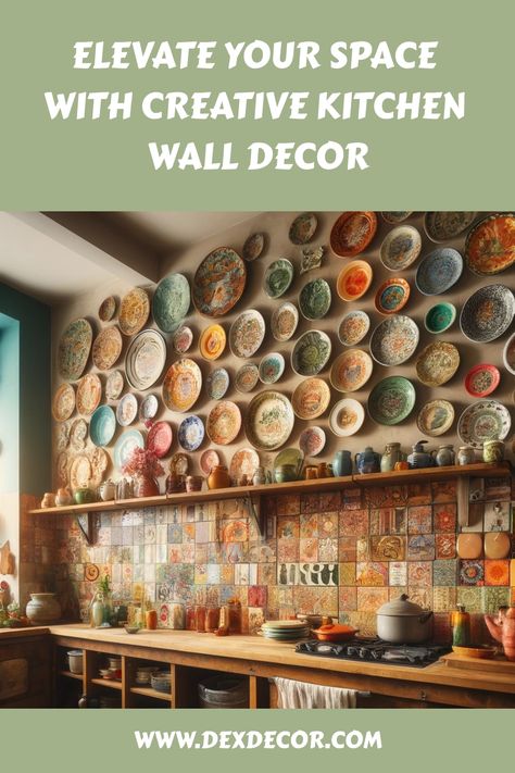 Creative kitchen wall decor featuring colorful plates and a tile backsplash. Hanging Cookware, Kitchen Wall Decorations, Kitchen Tile Inspiration, Rustic Design Style, Industrial Chic Kitchen, Compact Kitchen Design, Modern Bedroom Colors, Rustic Wooden Shelves, Small Kitchen Organization