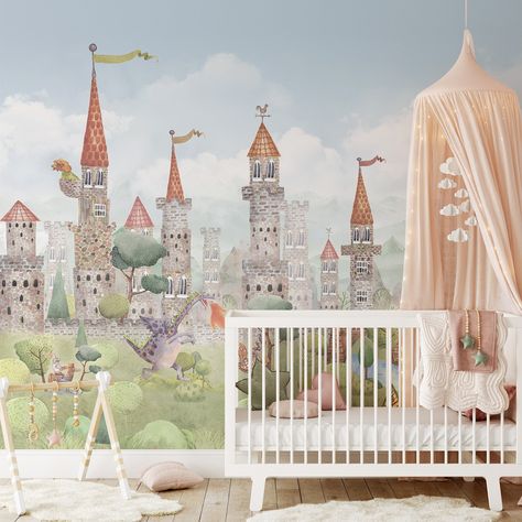 Princess Castle Nursery, Dragon Nursery Girl, Medieval Nursery, Dragon Wall Mural, Castle Mural, Castle Nursery, Castle Wallpaper, Dragon Nursery, Wallpaper Adhesive