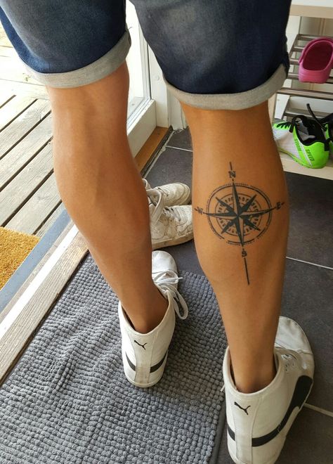 #compass #calf tattoo Compas Tattoo, Tattoo Calf, Compass Tattoo Men, Calf Tattoo Men, Tattoos With Deep Meaning, Twin Tattoos, Tattoos Dragon, Tattoos Matching, Compass Tattoo Design