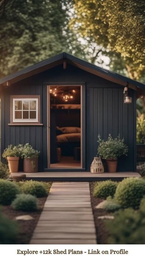 Cladded Shed, Large Garden Shed Ideas, Small Garden Office Ideas, Dark Shed, Garden Shed With Porch, Modern Outhouse, Shed Porch, Outhouse Ideas, Summerhouse Ideas