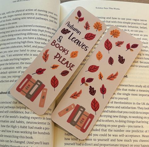 Autumn Leaves & Books Please Bookmark Bookmarks are 2 inches wide and 6 inches long.  Made with a matte laminate on both sides to make the bookmarks water resistant.  Also features rounded corners to ensure no damage to your book as well.   Check out our Etsy shop for more Traditional Bookmarks, Magnetic Bookmarks and Stickers! Autumn Gift Ideas Easy Diy, Diy Fall Bookmarks, Fall Book Marks, Fall Bookmark Ideas, Fall Bookmarks, Autumn Bookmark, Book Dividers, Autumn Doodles, Homemade Bookmarks