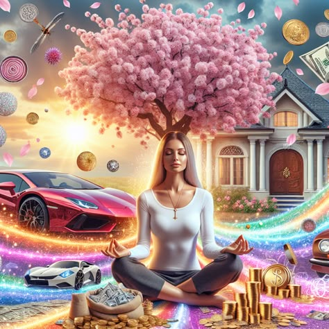 Find peace amongst prosperity with our image of serene meditation surrounded by luxury. Experience affluence manifest with our tailored guide: [link]. #LawOfAttraction #WealthManifestation #Meditation #LuxuryLifestyle #Prosperity #Motivation Real Estate Vision Board, Abundance Images, Colorful Art Paintings, Angel Wings Drawing, Wedding Artwork, Visualization Techniques, Artsy Background, Art Studio Room, Avatar Films