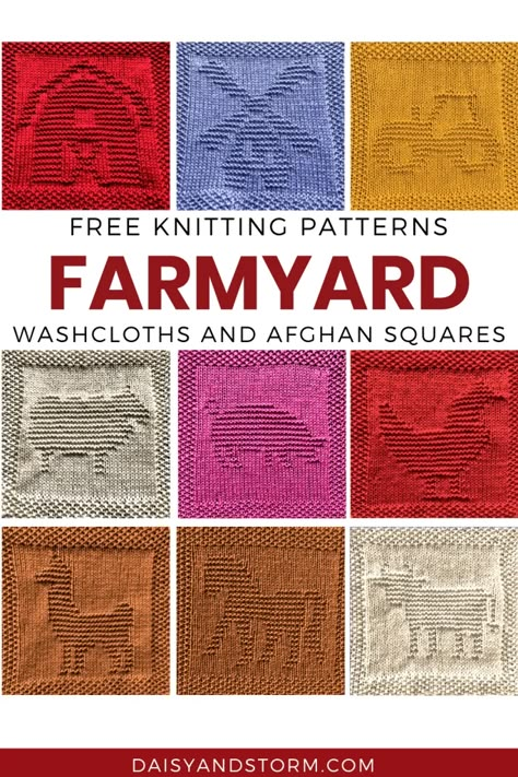 Free Farmyard Themed Dishcloth and Afghan Square Knitting Patterns Knitting Board Patterns, Free Dishcloth Knitting Patterns, Knitted Squares Pattern Free, Knit Afghan Squares Patterns Free, Knitted Blankets Squares Block Patterns Free, Farm Blanket Crochet, Knitted Blankets Squares Block Patterns, Farm Animal Crochet Blanket, Farm Theme Crochet Blanket