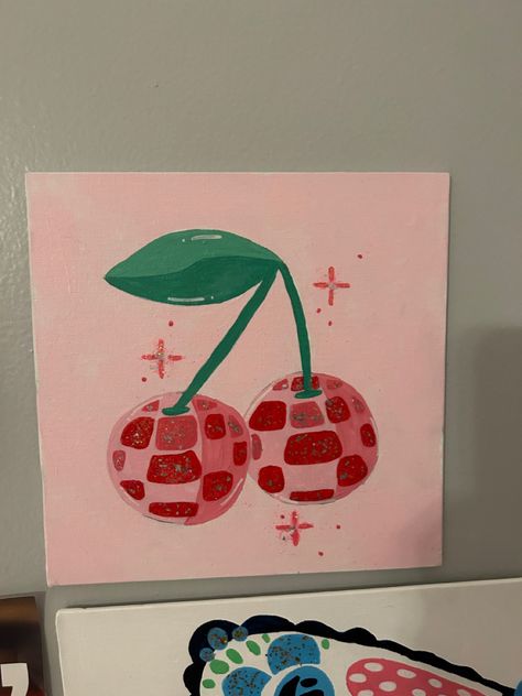 Retro Acrylic Painting, Mirror Ball Painting, Disco Ball Painting Easy, Disco Ball Watercolor Painting, Fruit Painting Acrylic, Groovy Acrylic Painting, Cherry Painting Acrylic, Cherry Disco Ball Painting, Disco Cherry Painting