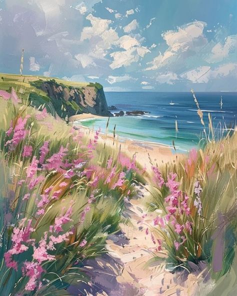 High Quality Paintings, Seaside Paintings Beaches, Paintings Of The Sea, Peaceful Landscape Painting, Ocean Beach Painting, Art Landscapes Painting, Coastal Painting Ideas, Seaside Drawing, Beach House Drawing