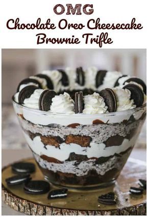 OMG Chocolate Oreo Cheesecake Brownie Trifle Brownie Triffle, Random Desserts, Chocolate Oreo Cheesecake, Fancy Deserts, Trifle Bowl Recipes, Trifle Dessert Recipes, Trifle Recipes, Brownie Trifle, Cheesecake Brownie