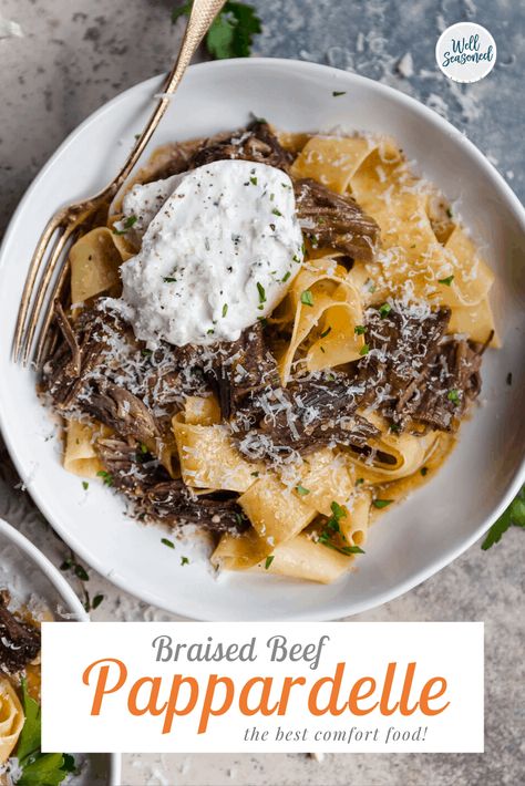 braised beef pappardelle with burrata! the most comforting fall pasta! #wellseasoned #VIETRI #pasta #fallpasta #pappardelle #braisedbeef #beefpasta #shortribs #shortrib #shortribpasta #shortribpappardelle #burrata #photography #pastaphotography #styling #foodstyling #pastastyling #foodphotography #burrataphotography #freshpasta #slowcooked #slowcookedribs #slowcookedbeef #slowcookedbeefribs Beef Pappardelle, Pappardelle Recipe, Winter Pasta, Beef Pasta, Braised Short Ribs, Braised Beef, Beef Short Ribs, Beef Ribs, Short Ribs