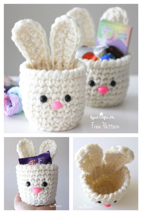 10 Mini Easter Basket Free Crochet Patterns - DIY Magazine Easter Crochet Ideas Simple, Crochet Camper, Crochet Toast, Koala Applique, Easter Bunny Basket Crochet, Snowball Wreath, Sun Wreath, Crochet Soccer, Shark Applique