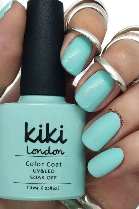 Kiki London nail gel polish nails art design natural blue aqua turquoise baby pastel shiny matte summer spring Tiffany Blue Nails, Blue Gel Nails, Silver Glitter Nails, Light Blue Nails, Turquoise Nails, Natural Nail Polish, Blue Gel, Cute Nail Art Designs, Fiji Water