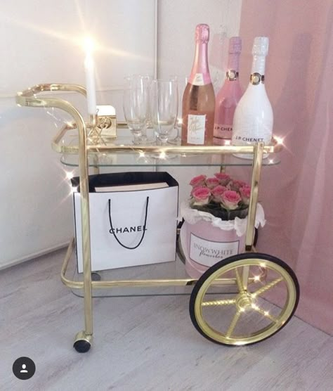 Pink Coffee Bar Cart, Pink Trolley Cart, Glam Coffee Bar, Bev Cart Apartment, Bar Cart Pink And Gold, Bar Cart Inspo, Gold And Glass Bar Cart, Apartment Needs, Luxury Bar