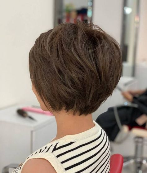 Short Hair Styles From The Back, Long Pixie Brown Hair, Womens Short Layered Haircut, Long Pixie Haircuts For Women, Long Pixie For Thick Hair, Short Concave Bob Hairstyles, Long Pixie Cuts For Thick Hair, Pixie Bob Thick Hair, Short Short Bob