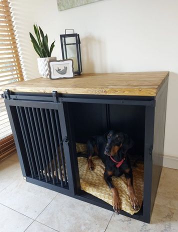 Unique Dog Crates, Homemade Dog Crates, Wooden Dog Projects, Indoor Dog Crate Furniture, Dog Room Divider, Creative Dog Crate Ideas, Pets Home Ideas, Dog Creates Furniture, Dog Crate Furniture Large