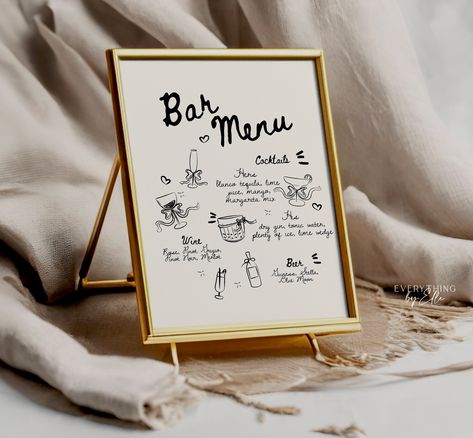 Cute Wedding Bar Signs, Open Bar Menu Wedding, French Bistro Wedding Theme, Handwritten Wedding Signs, French Style Wedding, Engagement Brunch, Wedding Bar Decor, Wedding Drinkware, Wedding Bar Menu Sign