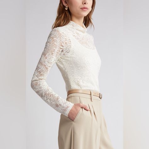 Nwt Express Lace Mock Neck Long Sleeve Sheer Top In Ivory Size M Brand: Express Color: Ivory, Cream, White Size: Medium Condition: Brand New With Tags! No Flaws! The Perfect Layering Tee For This Season. This Beautiful Sheer Top Features A Brushed Lace, Mock Neck, And Fitted Style To Make For Easy Layering Over With A Cardigan Or Jacket! Features Include: -Mock Neck -Long Sleeves -Straight Hem; Sheer Brushed Lace Fabric -Styled With A Cami Under Garment -Polyester/Spandex Measurements (Approxima Mock Neck Long Sleeve, Fitted Style, Tailored Blazer, Sheer Top, Color Ivory, Chic Dress, Cozy Sweaters, Classic Elegance, Long Sleeve Lace