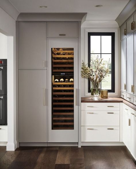 The wine lover's dream. @subzeroandwolf 24" built-in wine chiller. Offering 102 bottle capacity, storing reds and whites in separate temperature zones that keep wines at proper serving temperatures. A treat to have this appliance within your kitchen. ❤️ #winechiller #wine #winelover #wino #subzeroandwolf #pantrydesign #graycabinetry Wine Chiller Cabinet, Tall Wine Fridge, Fridge In Kitchen, Bar Lounge Room, Built In Wine Cooler, Malibu Home, Bathroom Cabinetry, Kitchen Fridges, Built In Refrigerator