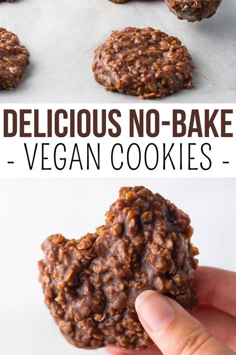 Chocolate Vegan No-Bake Cookies made with peanut butter and oats. These vegan cookies are super easy and quick to make using only simple ingredients. Chocolate and peanut butter is a flavor combination made in heaven, especially when it comes to cookies. If you agree, you’ll love these vegan no-bake chocolate chip peanut butter cookies! Vegan Peanut Butter Desserts, Easy Oil Free Vegan Dessert, Vegan After School Snacks, Dinner Ideas For Vegans, Quick Vegan Dessert 3 Ingredients, Vegan Cookies Without Butter, Easy Vegan Peanut Butter Cookies, No Sugar Vegan Desserts, Few Ingredient Vegan Meals