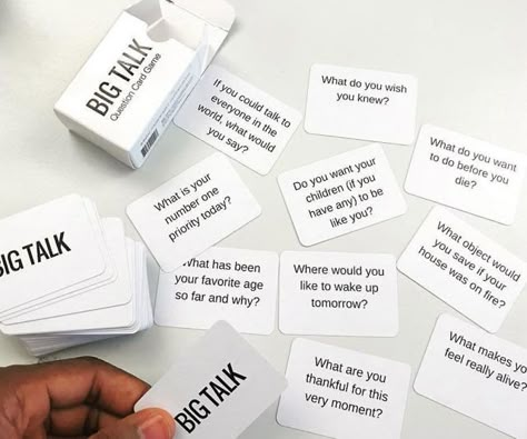 If you want to skip the small talk and really get to know someone, then you should play the Big Talk Question Card Game. The game contains 89 small cards printed with questions to help you connect with anyone on a deeper and more meaningful level. Networking Games, Big Talk Questions, Questions To Know Someone, We're Not Really Strangers Cards, Emotional Stories, Mode Tennis, Game Card Design, Big Talk, Video Project