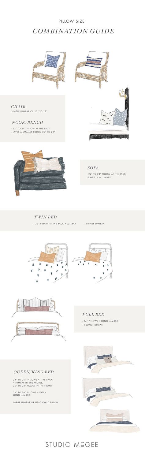 The Pillow Size Guide - Studio McGee Pillow Guide, Bed Pillow Arrangement, Hot Pink Throw Pillows, Pillow Size Guide, Bedroom Things, La Apartment, Anchor Pillow, Mcgee And Co, Pillow Sizes