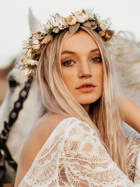 Winter Baptism, Norse Wedding, Autumnal Flowers, Veil Alternative, Boho Wedding Makeup, Boho Makeup, Wedding Flower Crown, Bride Hairstyle, Viking Wedding