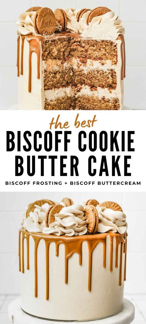 Whip up an easy recipe for a perfect birthday celebration with this Lotus Biscoff Cake, featuring a vanilla cookie butter layer and filled with decadent Biscoff frosting. Covered and artistically decorated with a silky cookie butter Swiss buttercream, it's a Biscoff lover's dream come true. Make your special day unforgettable with the rich, spiced flavors of this indulgent Biscoff cookie butter cake. Cake With Cookie Layer, Tasty Cakes Recipes, Best Biscoff Cake Recipe, Biscoff Cookie Cake Recipe, Cookie Lover Cake, Vanilla Biscoff Cake, Birthday Cakes With Buttercream, Cookie Butter Birthday Cake, Cakes For Work