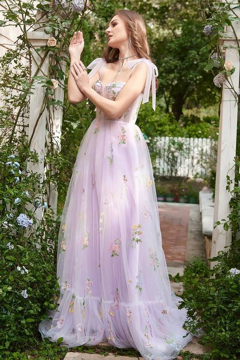 Fairy Core Dress Long, Floral Lilac Dress, Floral Lavender Bridesmaid Dresses, Lilac Fairy Dress, Lilac Formal Dress Long, Lavender Bridal Dress, Rapunzel Outfit Ideas Casual, Cottage Core Prom Dress, Lilac Wedding Dress