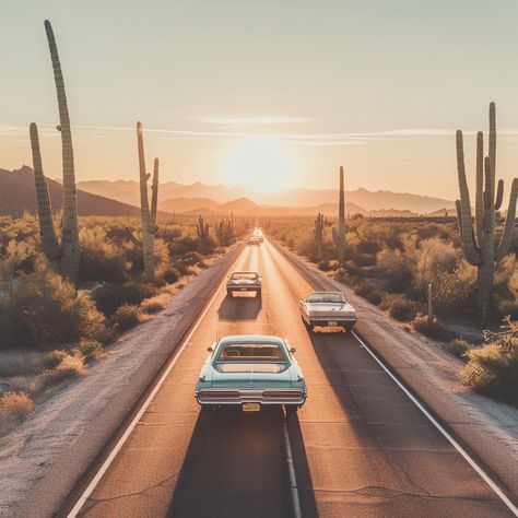 "Desert #RoadTrip: #Autos driving down a #DesertRoad, surrounded by #TallCacti under a #GoldenHour sky. #Vehicles #CactusLandscape #DigitalArt #AIPhotography #StockCake ⬇️ Download and 📝 Prompt 👉 https://stockcake.com/i/desert-highway-drive_350180_168608". Desert Drive, Cars Driving, Desert Highway, Desert Road, Warm Sunset, Luxury Landscaping, Road Adventure, Desert Sunset, Clear Blue Sky