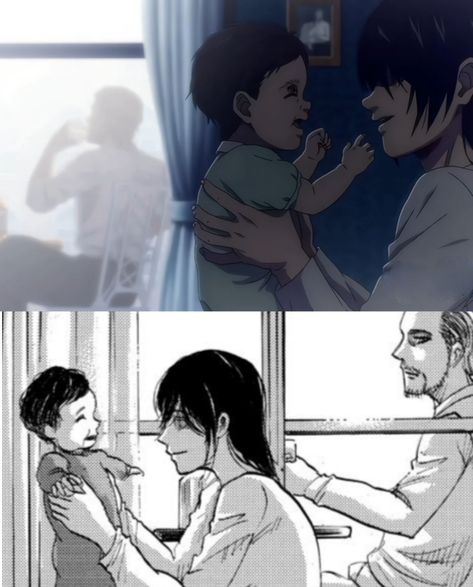 Shingeki no Kyojin Manga Panel - Attack on Titan Season 4 Anime Comparison. Jean's Dream ~ Mikasa holding her's and Jean's Baby ~ Jeankasa. Attack On Titan Season 4, Manga Vs Anime, Aot Eren, Attack On Titan Jean, Jean Kirschtein, Eren X Mikasa, Attack On Titan Funny, Attack On Titan Season, Anime Funny Moments