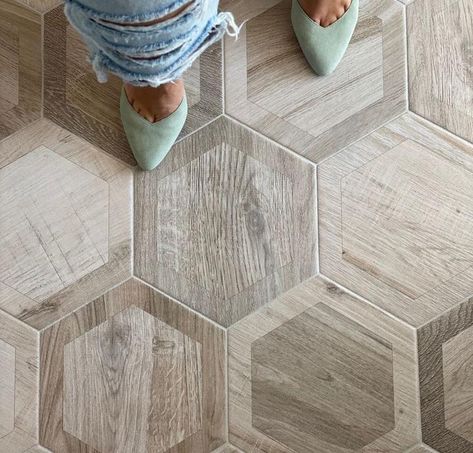 Wood Look Tile Floor, Hexagonal Tiles, Dining Room Accent Wall, Hexagon Tile Floor, Gray Porcelain Tile, Dining Room Accents, Room Accent Wall, Wood Tile Floors, Wood Look Tile