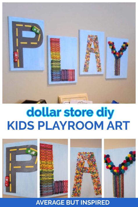 If you need to fill a blank wall in your kids' playroom, try this! Use supplies from the dollar store to create this DIY kids playroom art. It's colorful and cute! #playroomart #diyart #artforkids Playroom Wall Pictures, Diy Playroom Wall Art, Playroom Wall Art Diy, Diy Playroom Decor The Wall, Dollar Tree Playroom Ideas, Diy Playroom Art, Playroom Wall Decor Diy, Wall Decor For Playroom, Diy Playroom Wall Decor