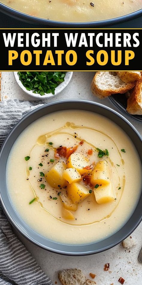 This easy Weight Watchers Potato Soup is a low-calorie, hearty dish packed with flavor! Made with wholesome ingredients like potatoes, low-fat broth, and a few secret seasonings, this soup is perfect for anyone following a healthy eating plan. ⭐️ Get the full recipe now and enjoy guilt-free comfort food! 👉 Click to save this Pin for your next cozy meal. Don't forget to share it with your friends! #WeightWatchers #PotatoSoup #HealthyRecipes #LowCalorieMeals #SoupSeason Lightened Up Potato Soup, Daniel Fast Potato Soup, Ww Potato Soup Recipes, Potato Soup Low Carb, Potato Soup Light, Low Cal Potato Soup, Heart Healthy Potato Soup, Low Calorie Potato Soup, Potato Soup Low Calorie