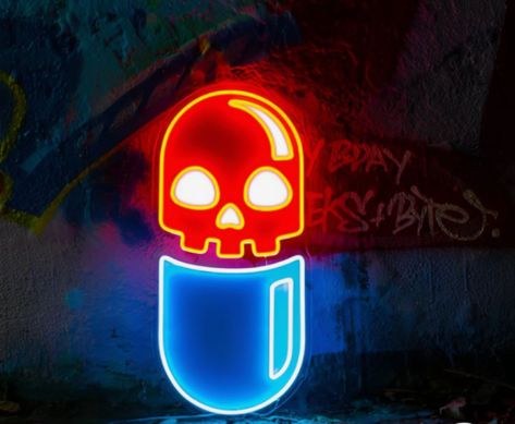 #NeonSigns #BrightIdeas #NeonSignNames #NeonInspiration #NeonRoom #RoomDecor Neon Icons, Ice Blue Color, Neon Artwork, Skull Gifts, Neon Decor, Chill Pill, Acrylic Artwork, Neon Art, Art Party